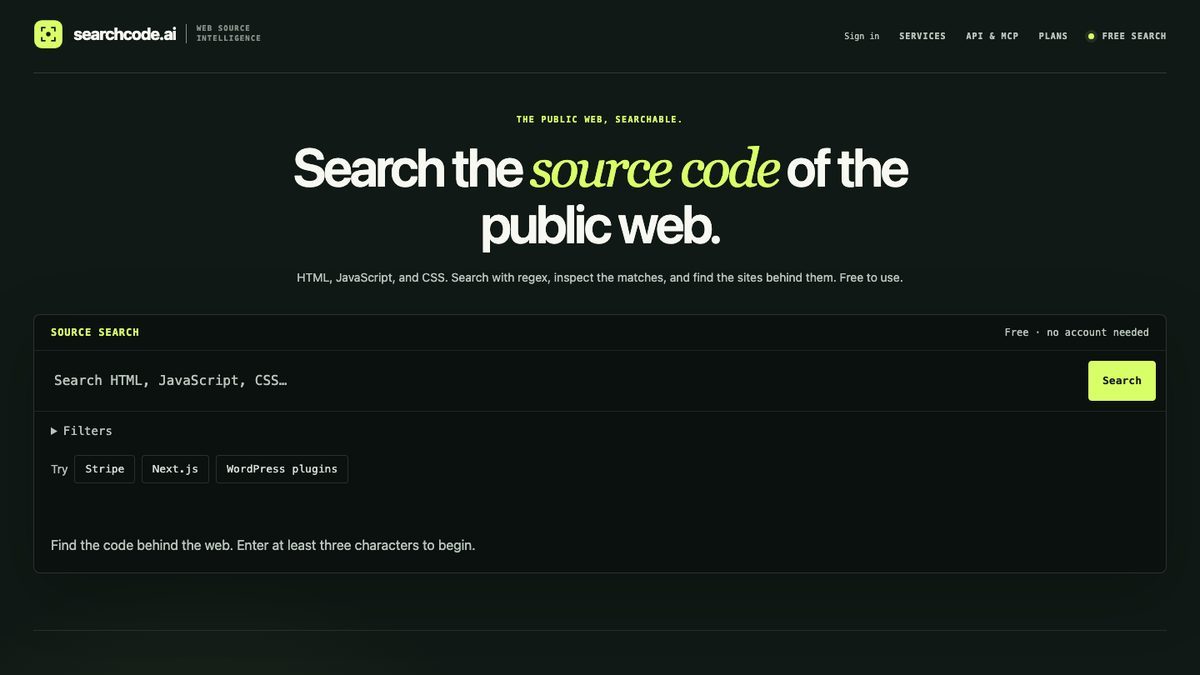 Screenshot der Website von searchcode.ai